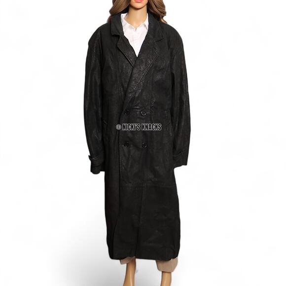 Vintage Pelle Cuir Black Embossed 100% Leather Trench Coat Shoulder Pads Size L - Picture 2 of 16